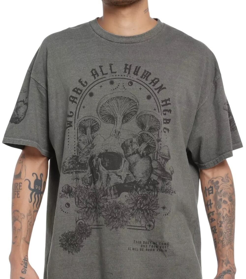 Thorn & Fable Mushroom Skull Grunge Shirt, Washed Charcoal, Streetwear, S/M